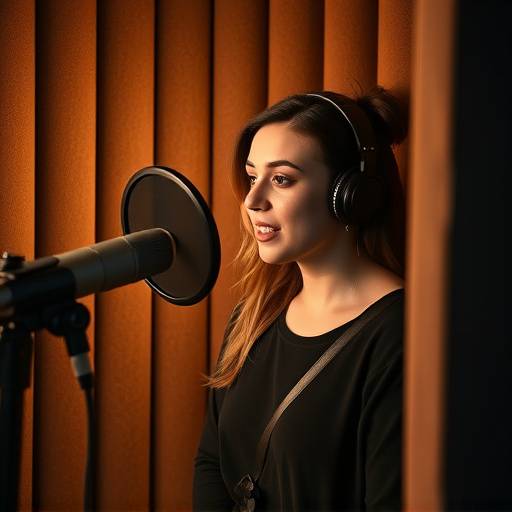 Atriz de voz gravando dublagem em um estüdio vocal isolado.