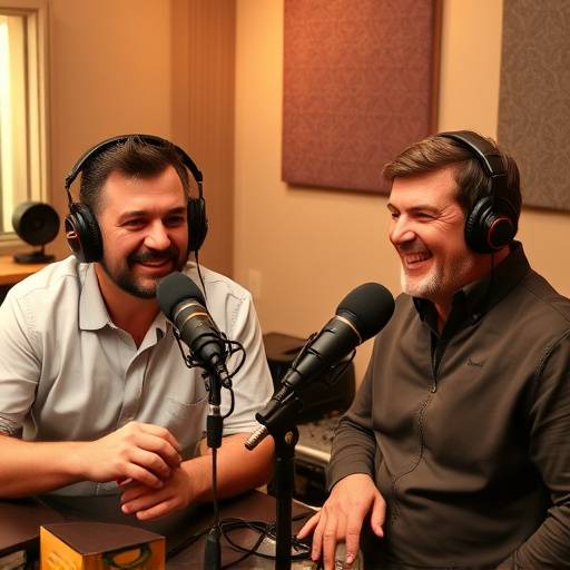 Dois apresentadores gravando um podcast em um estüdio com microfones e equipamentos de áudio.